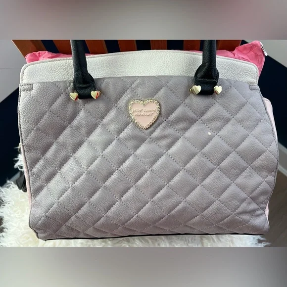 Betsey Johnson Light Pink and Gray Quilted Satchel with Heart Charm - Picture 10 of 11